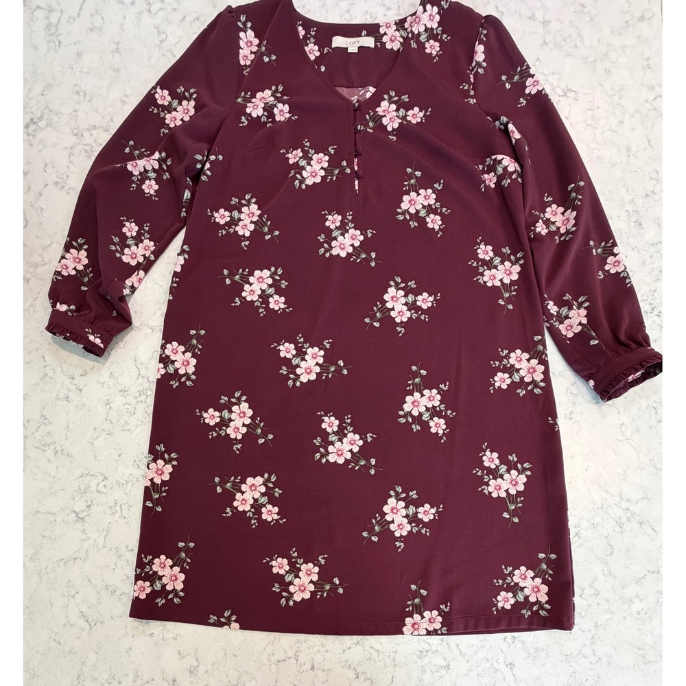 Loft Burgundy Floral V-Neck Shift Dress Long Sleeve Maroon Pink Size 12